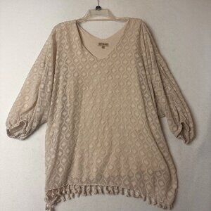 Democracy top sz XL beige ivory fringe balloon textured neutral romantic cottage